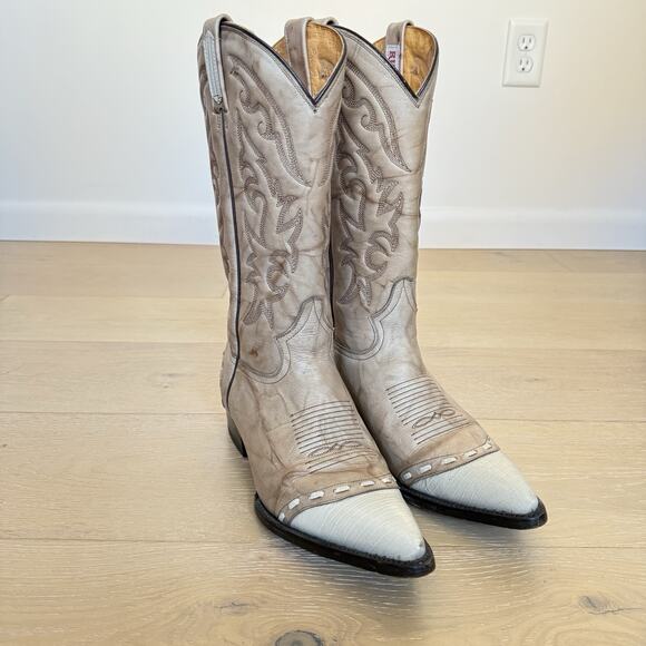 VTG Rudel Cowboy Boots Men's 8.5 EE 2 Tone Cream Pointed Toe Western - Picture 1 of 8